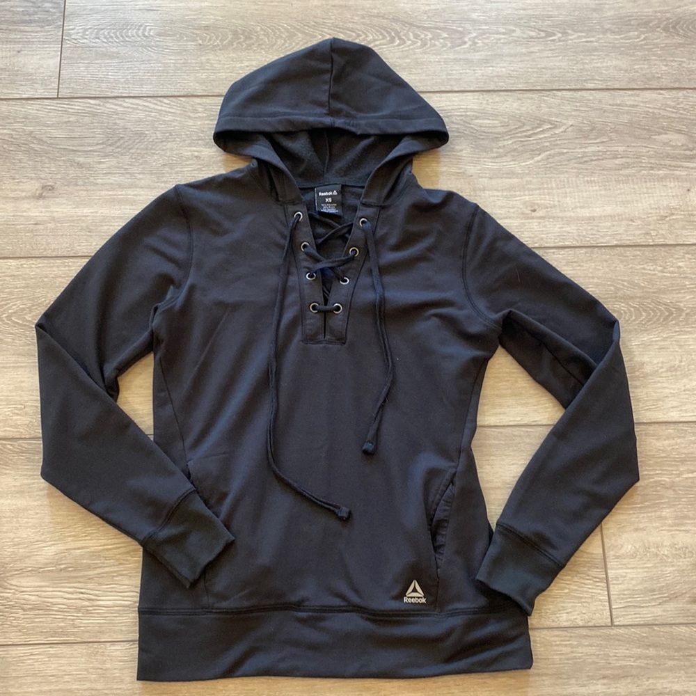 REEBOK XS BLACK LIGHTWEIGHT LACE UP HOODIE